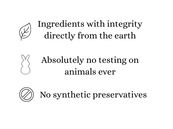 A list with icons and text emphasizing natural ingredients, cruelty-free testing, and no synthetic preservatives.