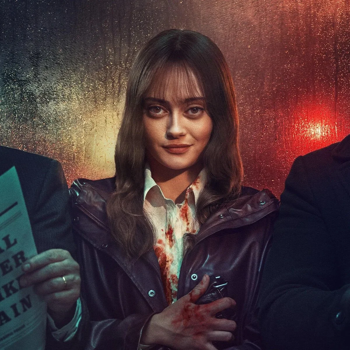 A woman with long dark hair, wearing a leather jacket and a bloodstained shirt, holds a gun and is standing in front of a rainy, red-lit background.