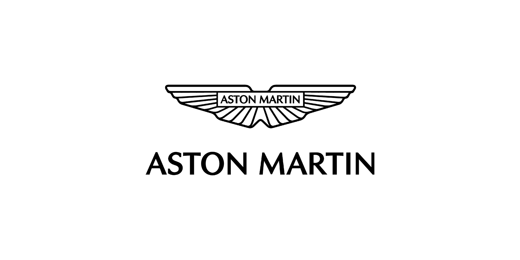 Black background with a white outline of the Aston Martin logo, featuring wings and the text "Aston Martin" in the center, and the brand name "ASTON MARTIN" below.