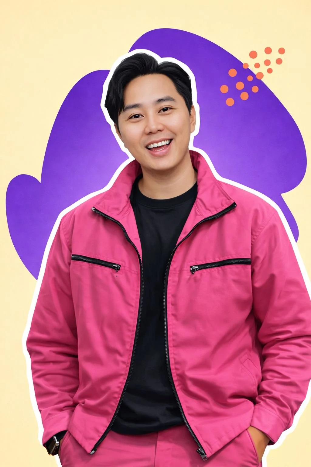 A young man with black hair and a bright smile wearing a pink jacket and black shirt, standing in front of an abstract purple and yellow background with orange dots.