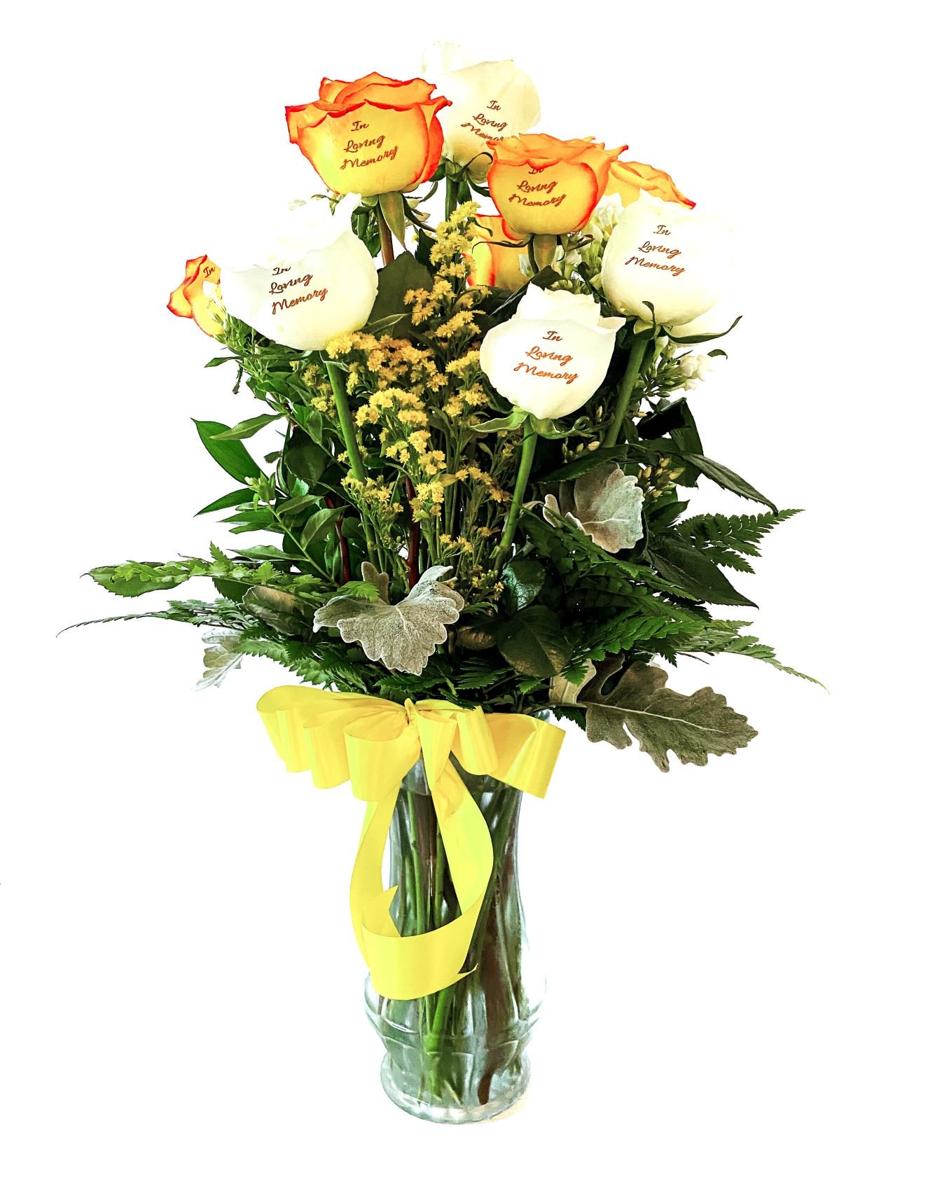 yellow & white roses with 'In Loving Memory' on each rose in clear vase