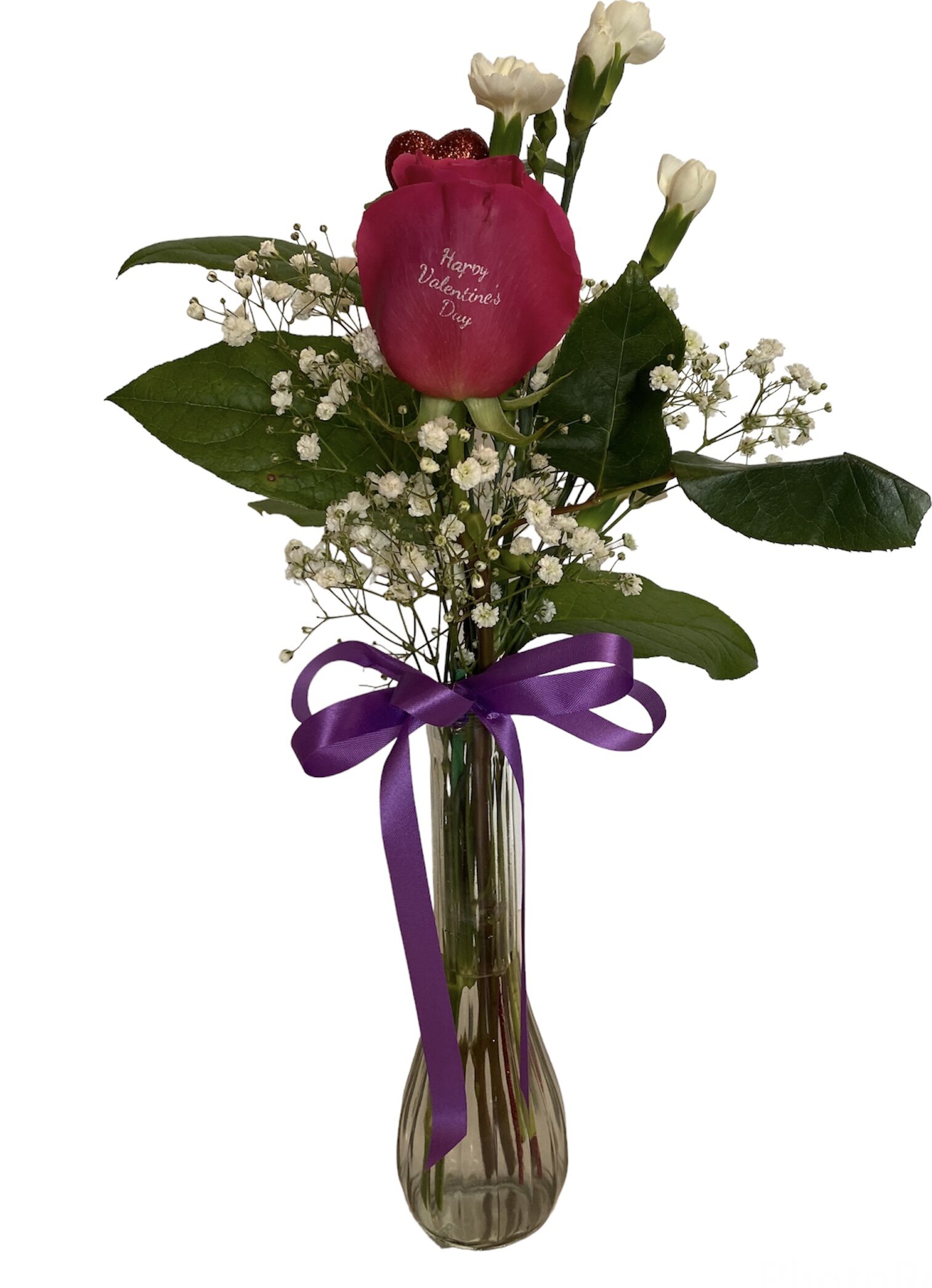 Red 'Happy Valentine's Day' rose in a vase