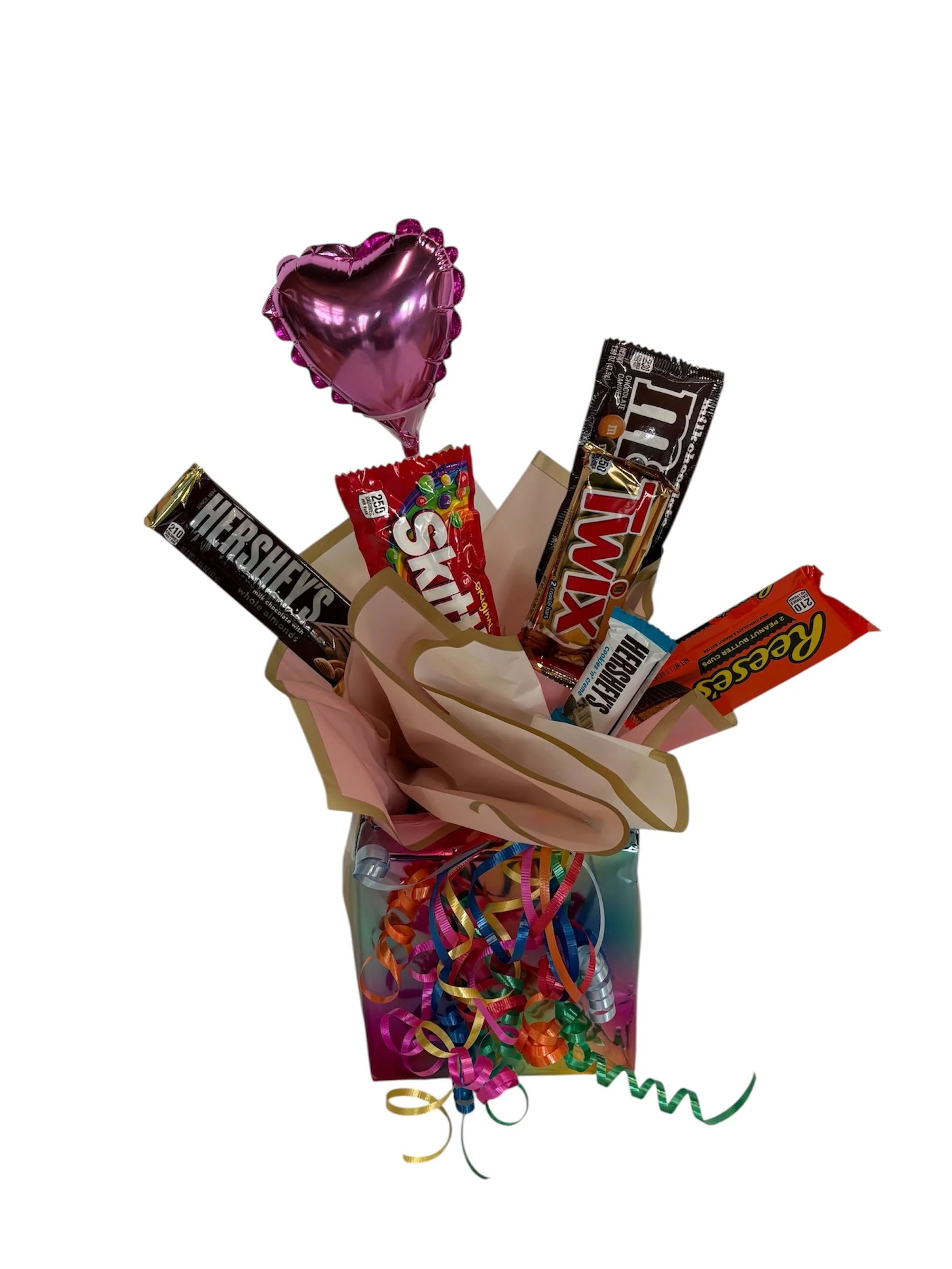 Candy bouquet in a metallic box with curly ribbons and mini heart balloon