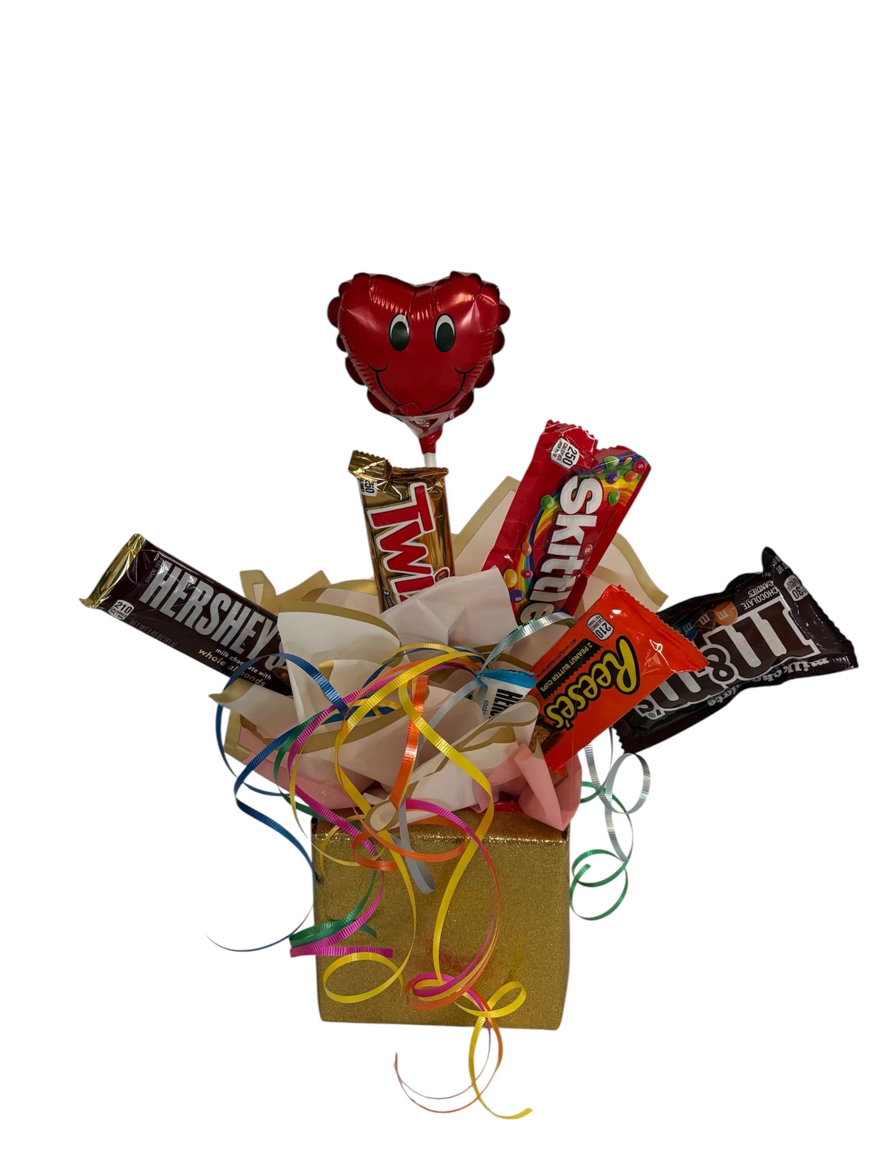 Candy Bouquet in a gold box with ribbons and mini heart balloon