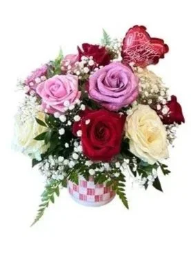 Red, pink and white roses in a checkered ceramic vase with hearts