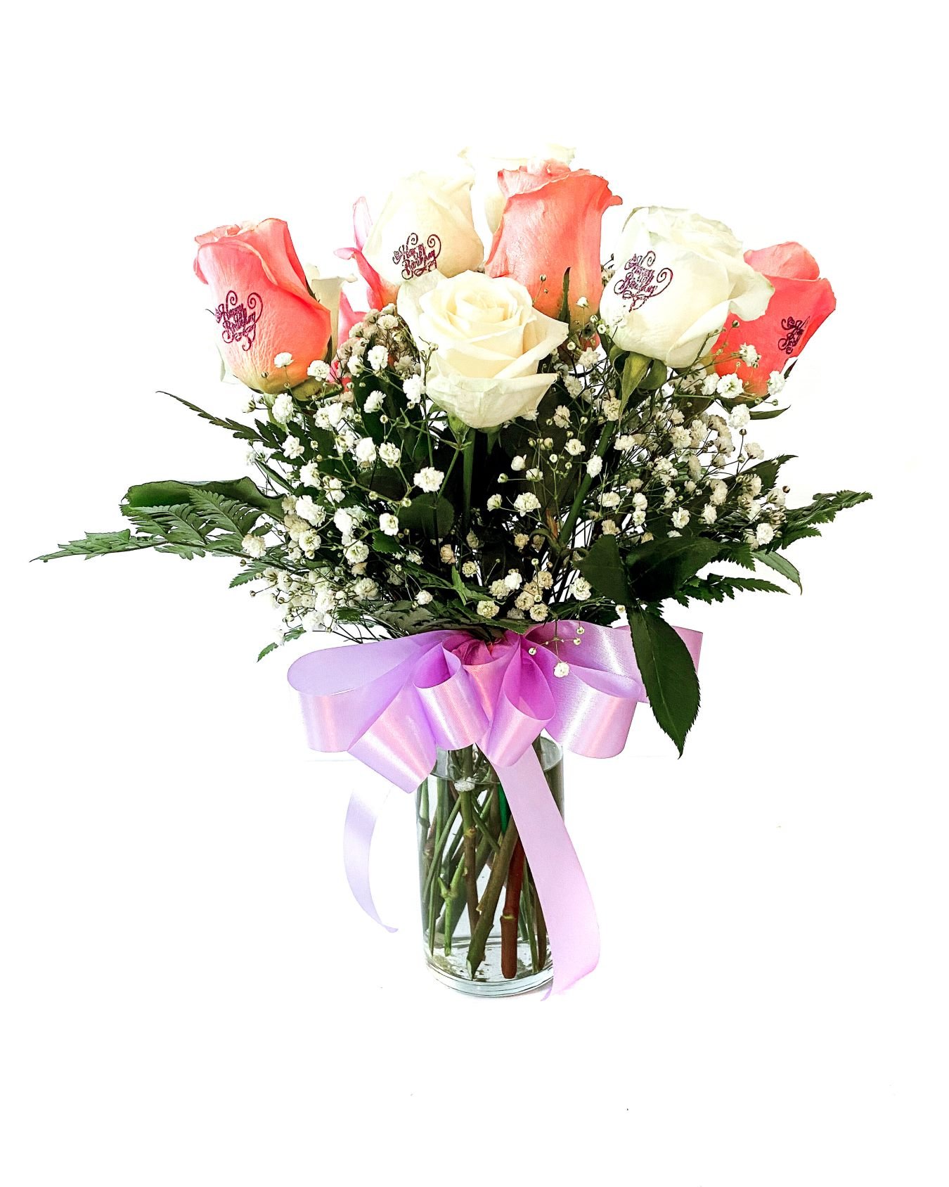 White & Pink Roses, baby's breath, leather leaf in a vase