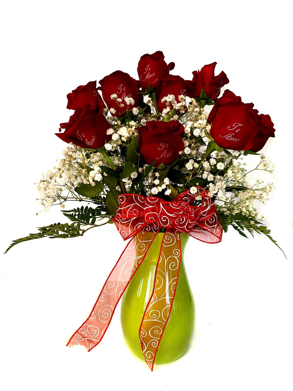 Dozen Red Roses with TeAmo stamped on rose petal
