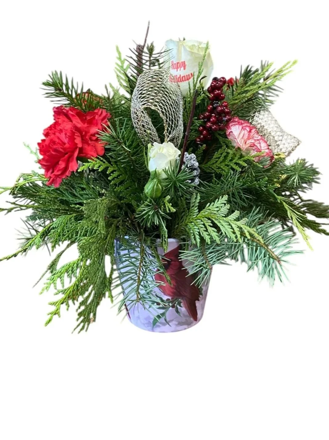 Evergreens, white roses, red flowers in a Cardinal container