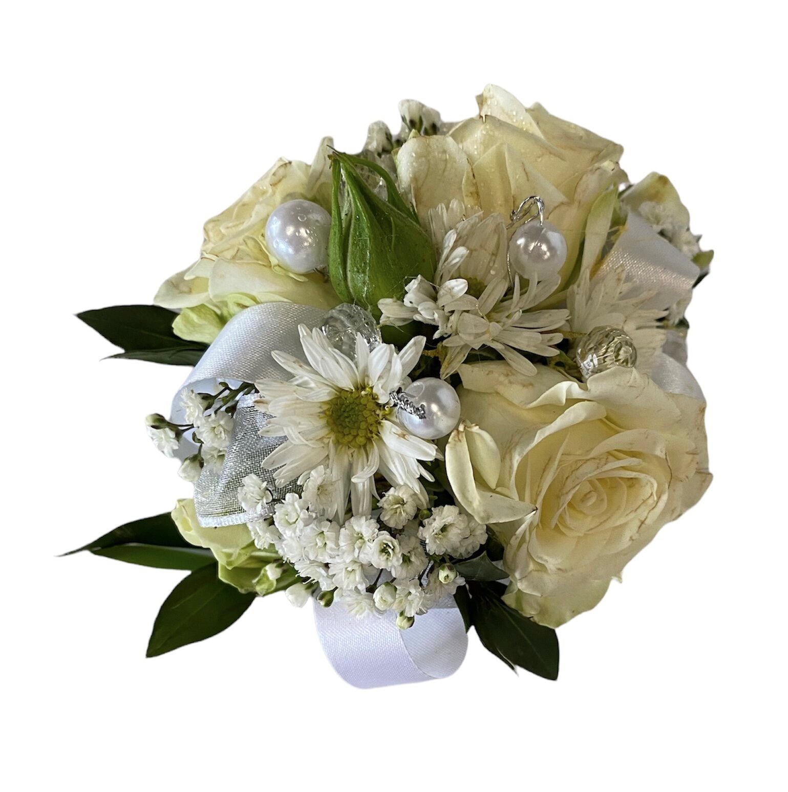 all white wrist corsage with white roses