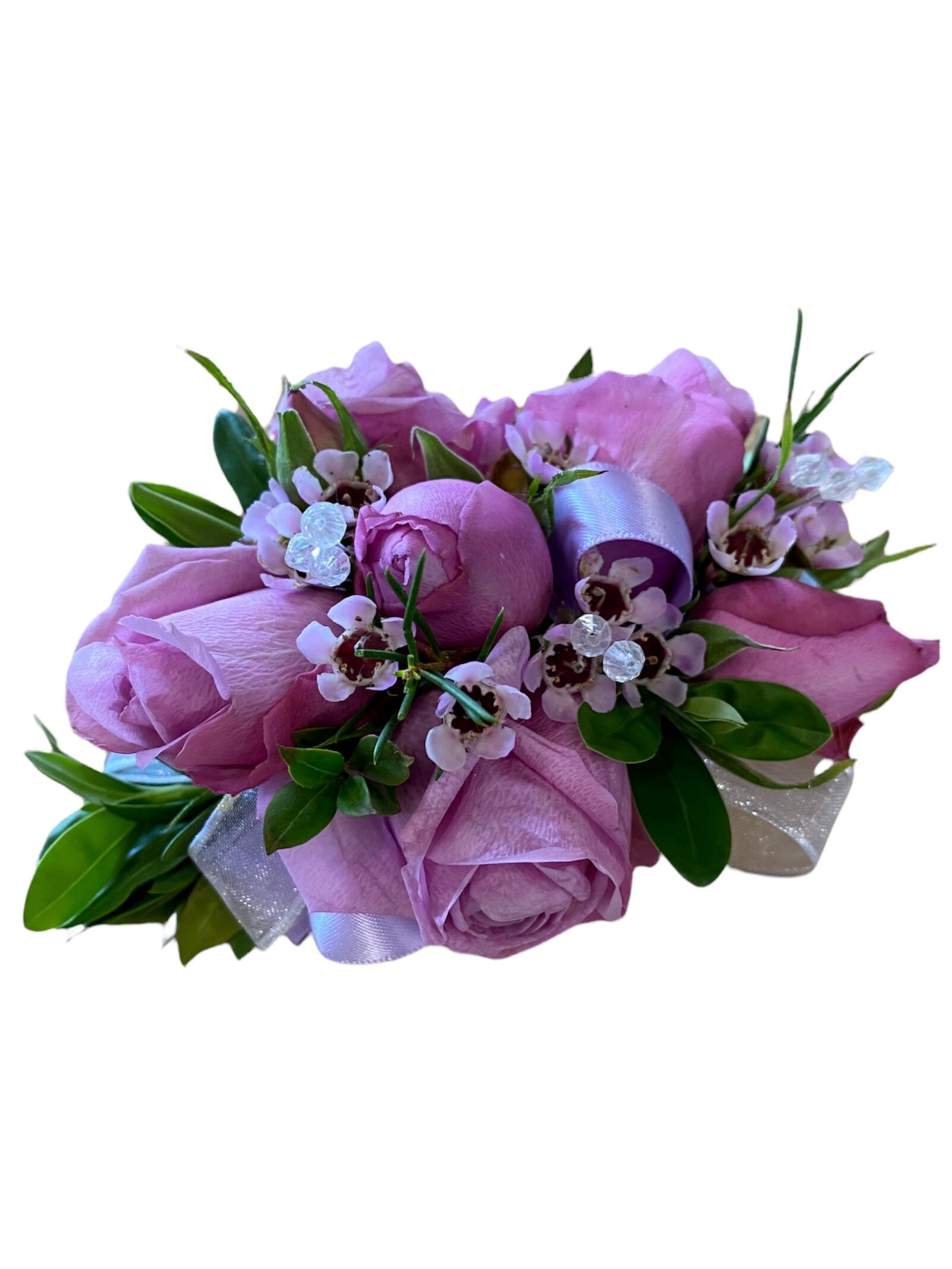 Lavender wrist corsage with lavender roses