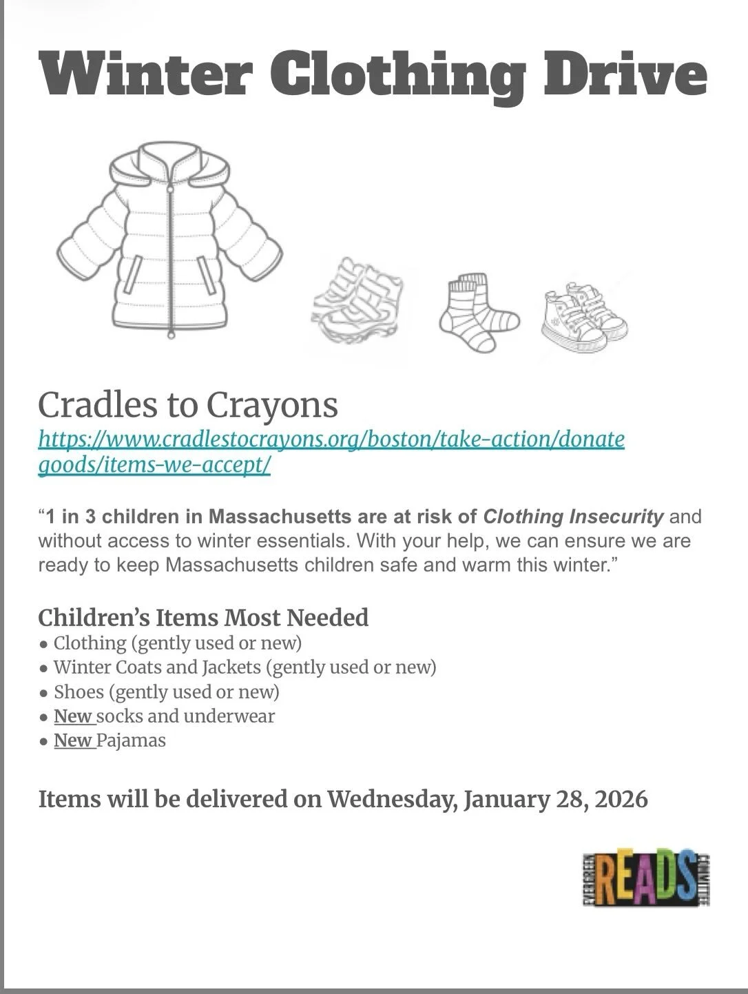 Thank you Evergreen families for all the warm clothing donations! They were dropped off at Cradles to Crayons on Friday! ❄️🧦🧤🧣🥰
