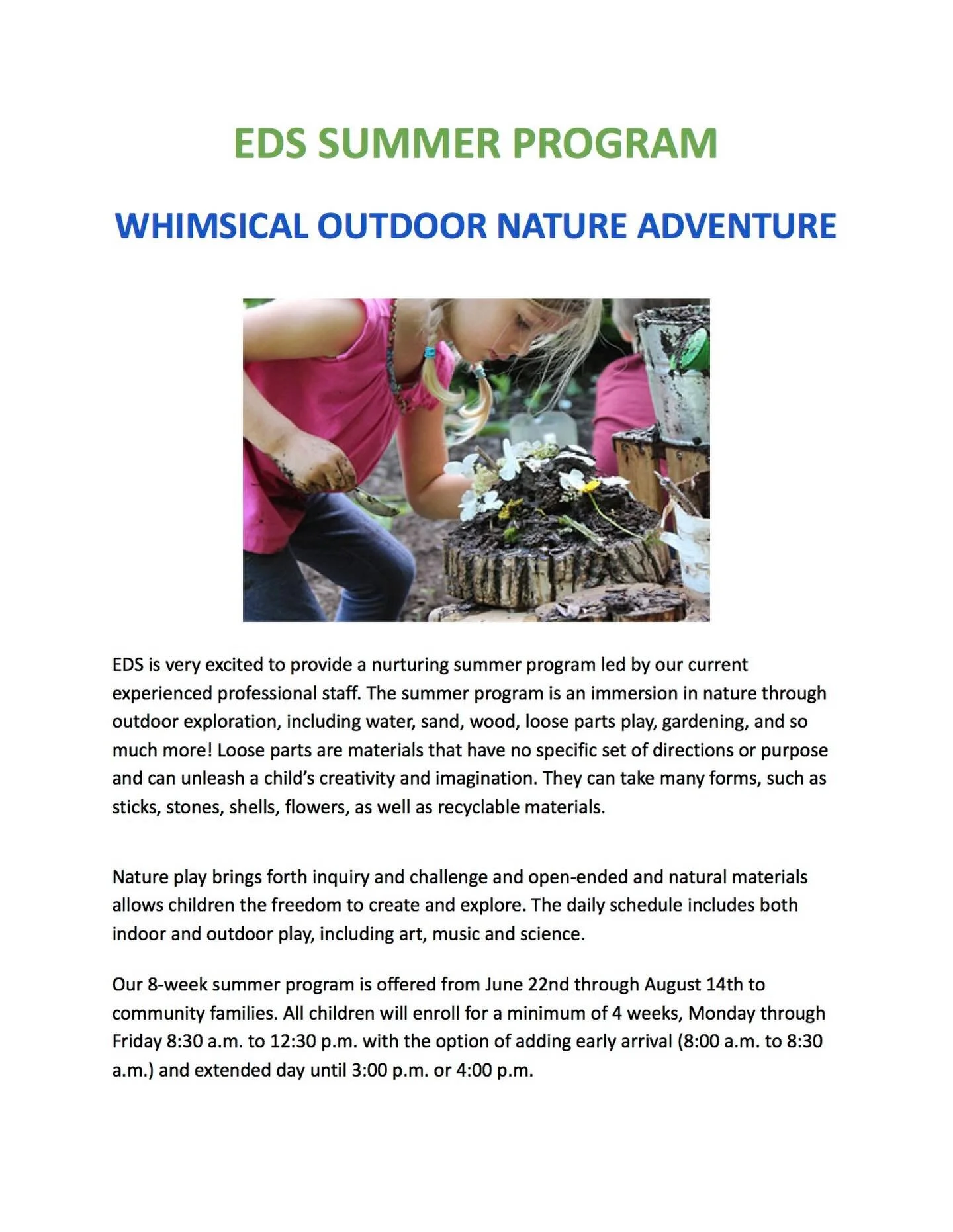 We have availability for children from our community to attend our Summer Program which runs from June 22nd through August 14 this year. For more information or to register for a tour please email us at info@evergreendayschool.org or call us at 617-4