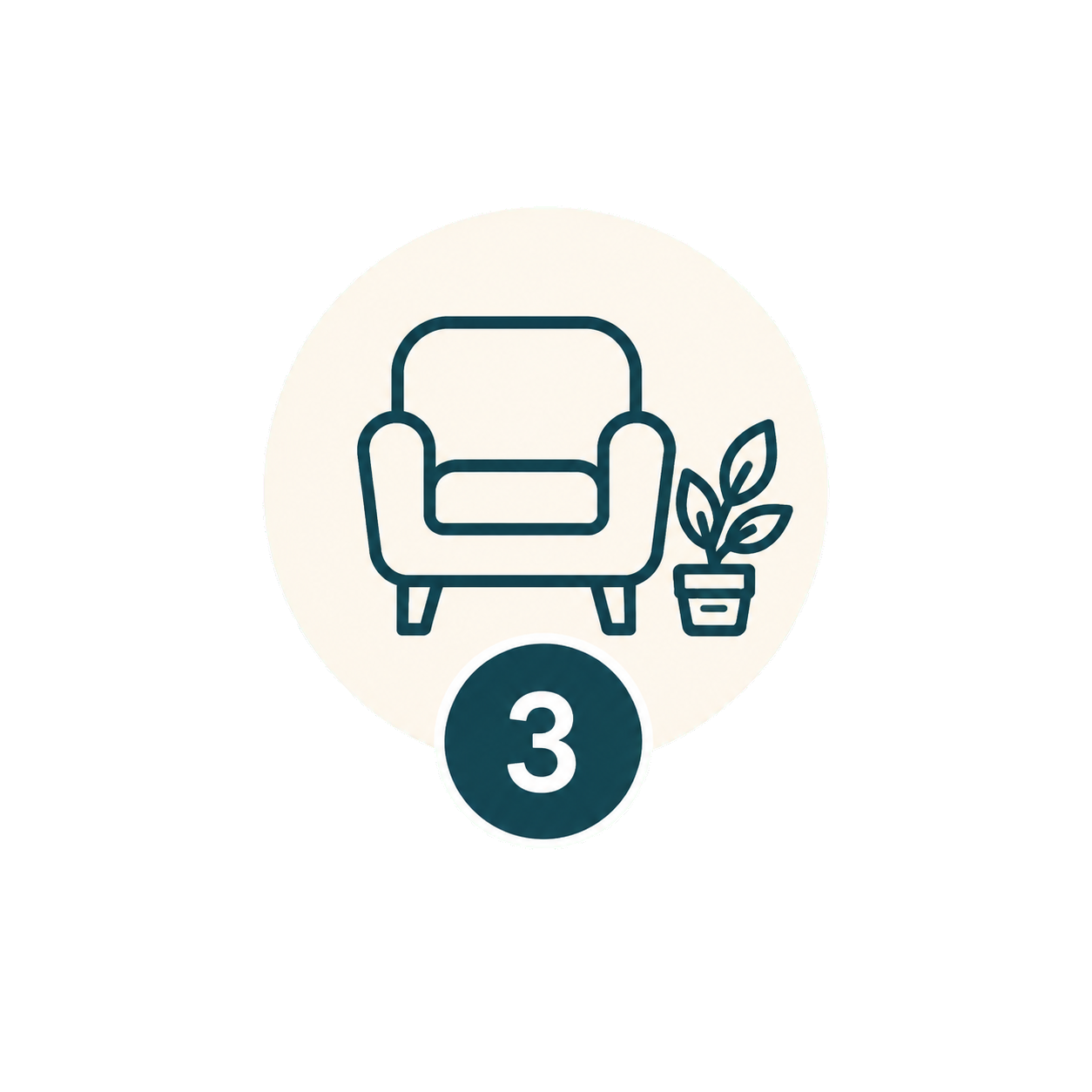 Icon of an armchair with a potted plant beside it and a number 3 below