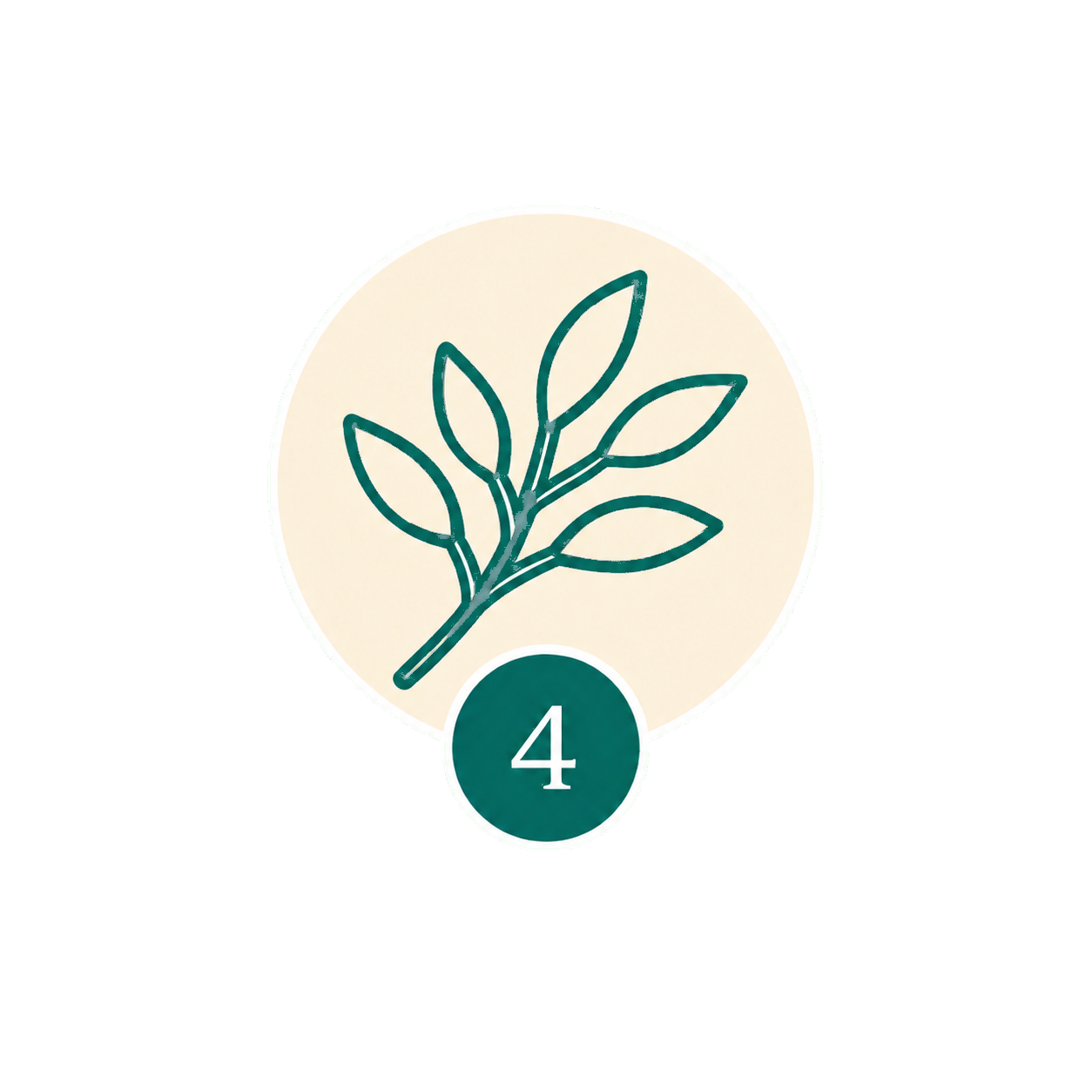 A circular icon with a stylized line drawing of a leafy branch and a dark green circle at the bottom with the number 4 inside.
