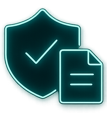 Neon shield icon with a check mark and a document overlay.