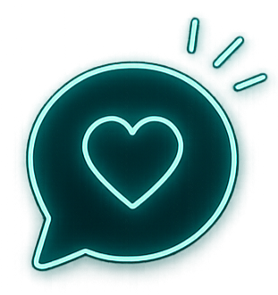 Neon sign of a speech bubble with a heart inside and three exclamation marks around it.