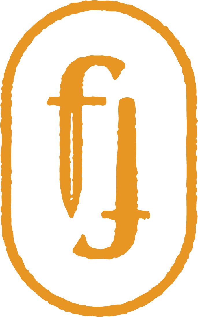 A stylized orange and black logo featuring a large oval shape with an orange border and black interior. Inside the oval, there is a lowercase letter 'f' and a lowercase letter 'j' in orange, slightly stylized and overlapping.