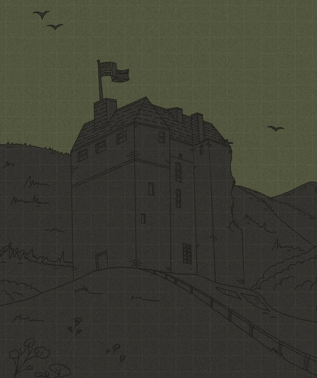 A line drawing of a castle on a hillside with a flag on top, surrounded by hills and trees, under a green sky with birds flying.