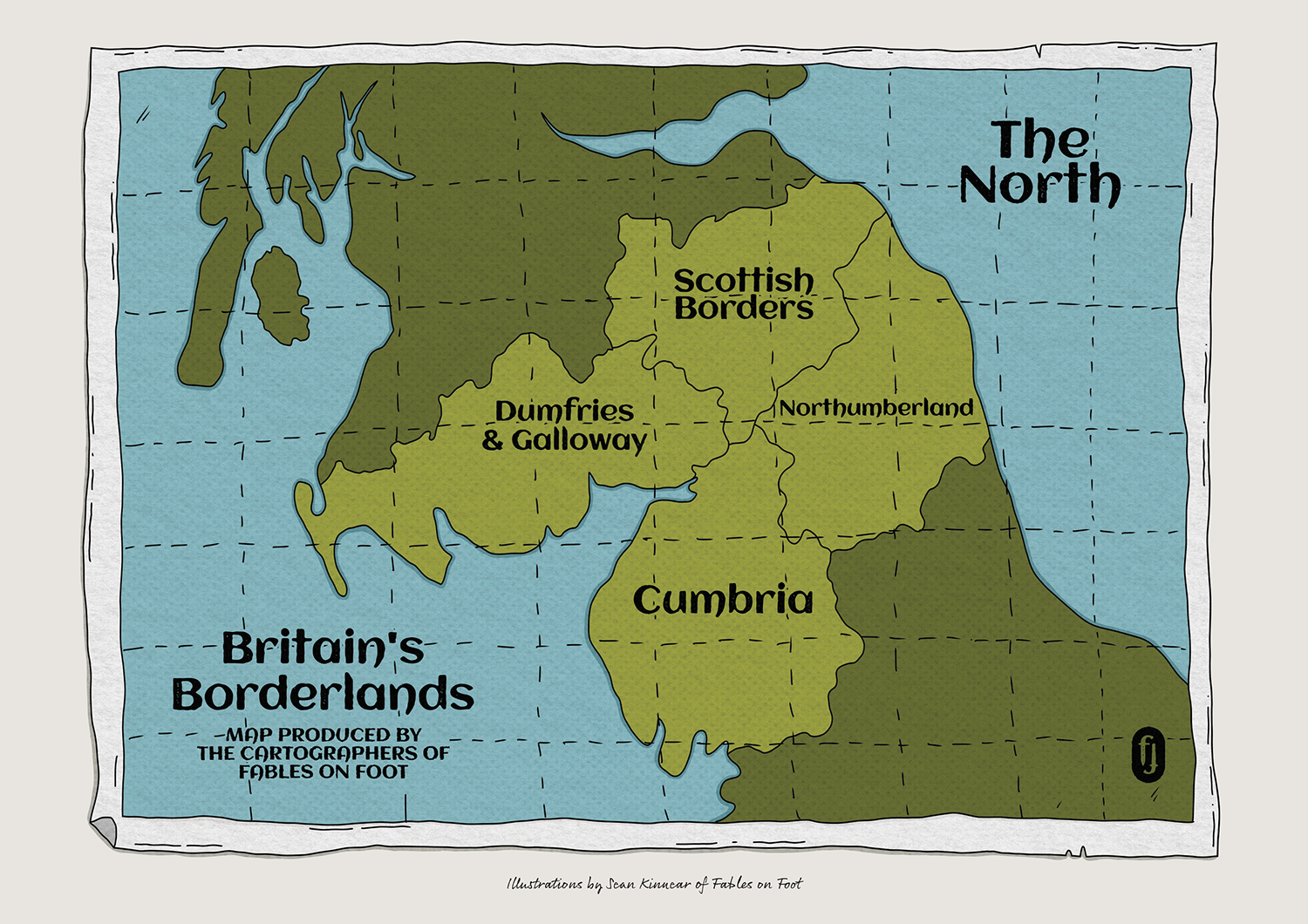 A map titled 'Britain's Borderlands' showing regions of Scotland, Dumfries & Galloway, Cumbria, Northumberland, and  North in Britain. The map has a decorative border, with a note at the bottom attributing the illustrations to Fables on Foot.
