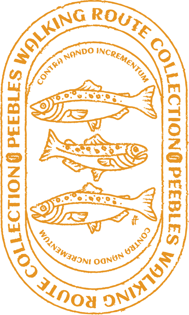 A circular emblem with orange text and fish illustrations on a black background. The text reads, "Willing Rockpe Peer Plebles Walking Route College," "Counter Nando Incrementum," and "Conting Nunc Incercamentum." The emblem contains three illustrated fish swimming horizontally.