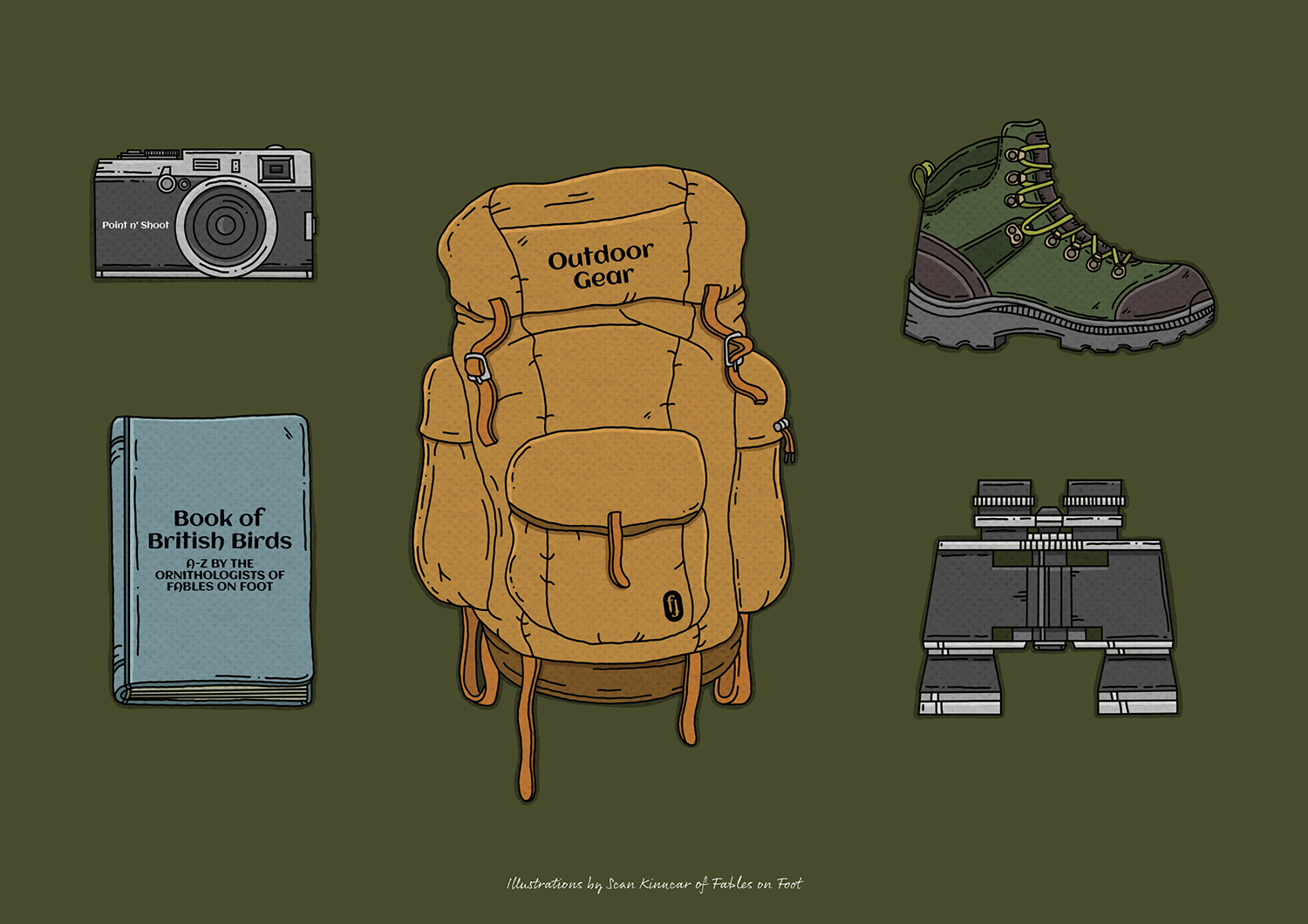 Illustration of outdoor hiking gear including a camera, a book titled 'Book of British Birds', a green hiking boot, a yellow backpack, and binoculars on a dark green background.