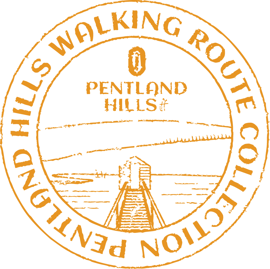 Seal for Pentland Hills Regional Council with text reading "Hills Walking Route Council" and an illustration of a pier extending into a body of water with hills and a lighthouse in the background.