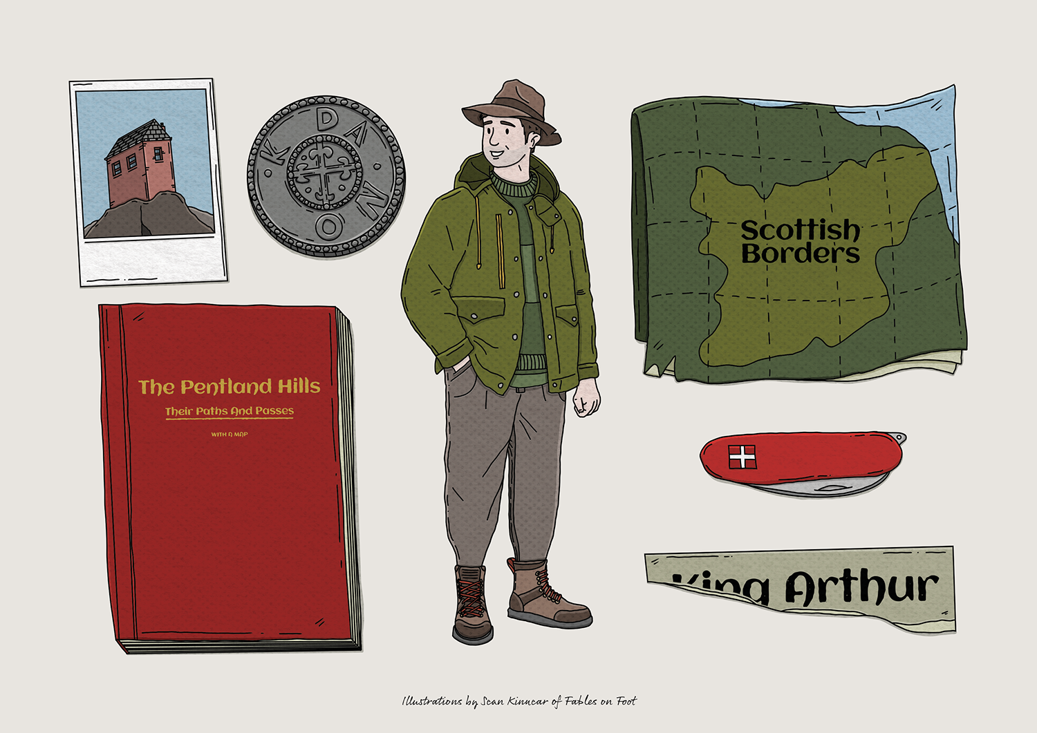 The curator standing amongst a group of objects related to walking and history, a map, a news article, a walking guide, a pocket knife, an old coin and a photo.