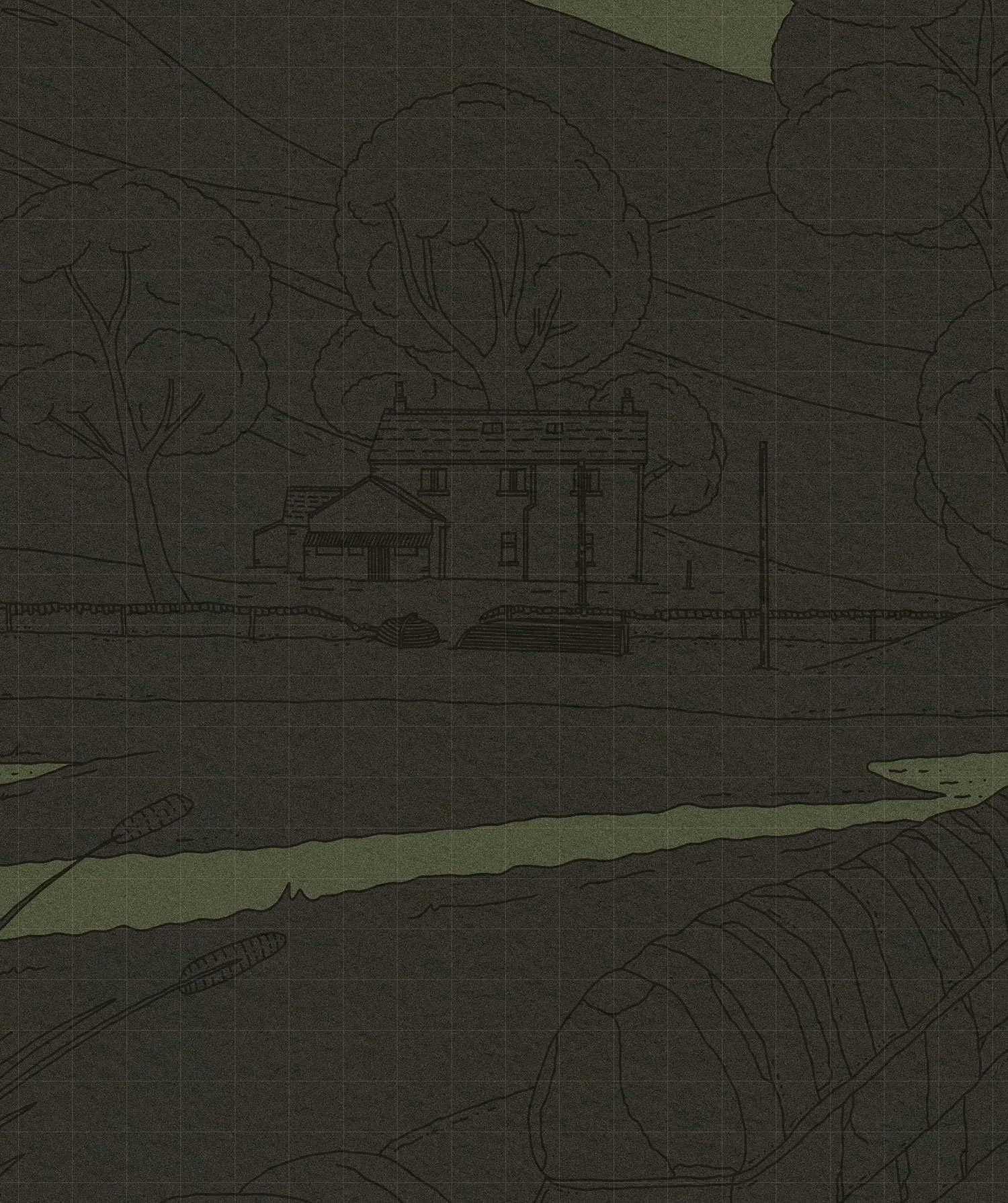 Architectural drawing of a house surrounded by trees, with a fence and pathways in the landscape.