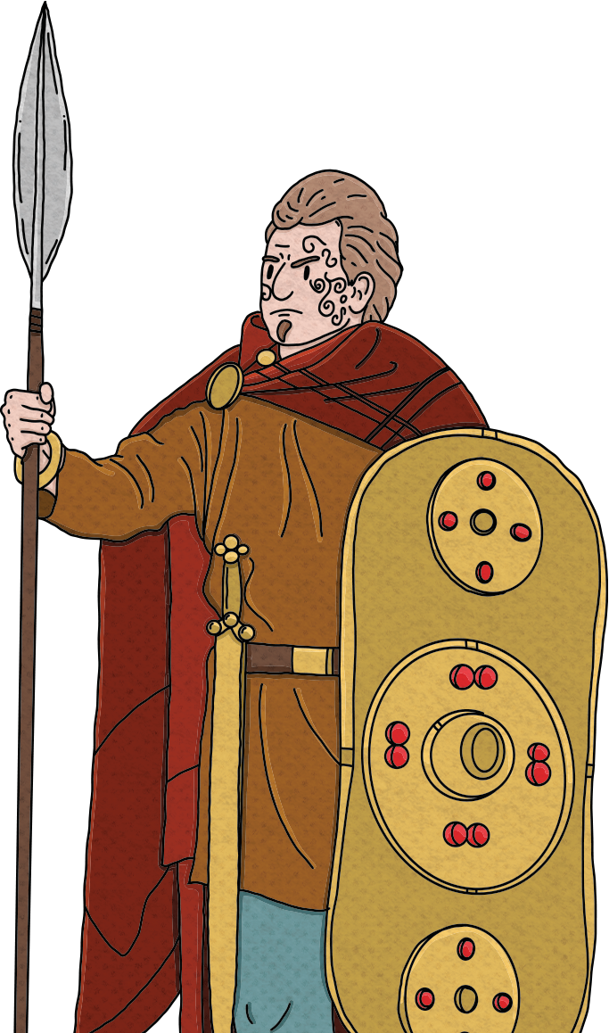 Illustration of a medieval warrior with curly hair, dressed in armor and a red cape, holding a spear and carrying a large round shield with red accents.