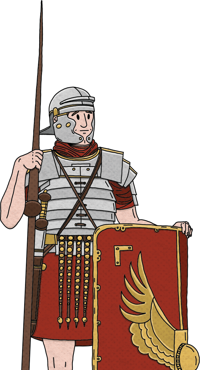 Illustration of a Roman soldier holding a spear with a shield decorated with a golden eagle wing.