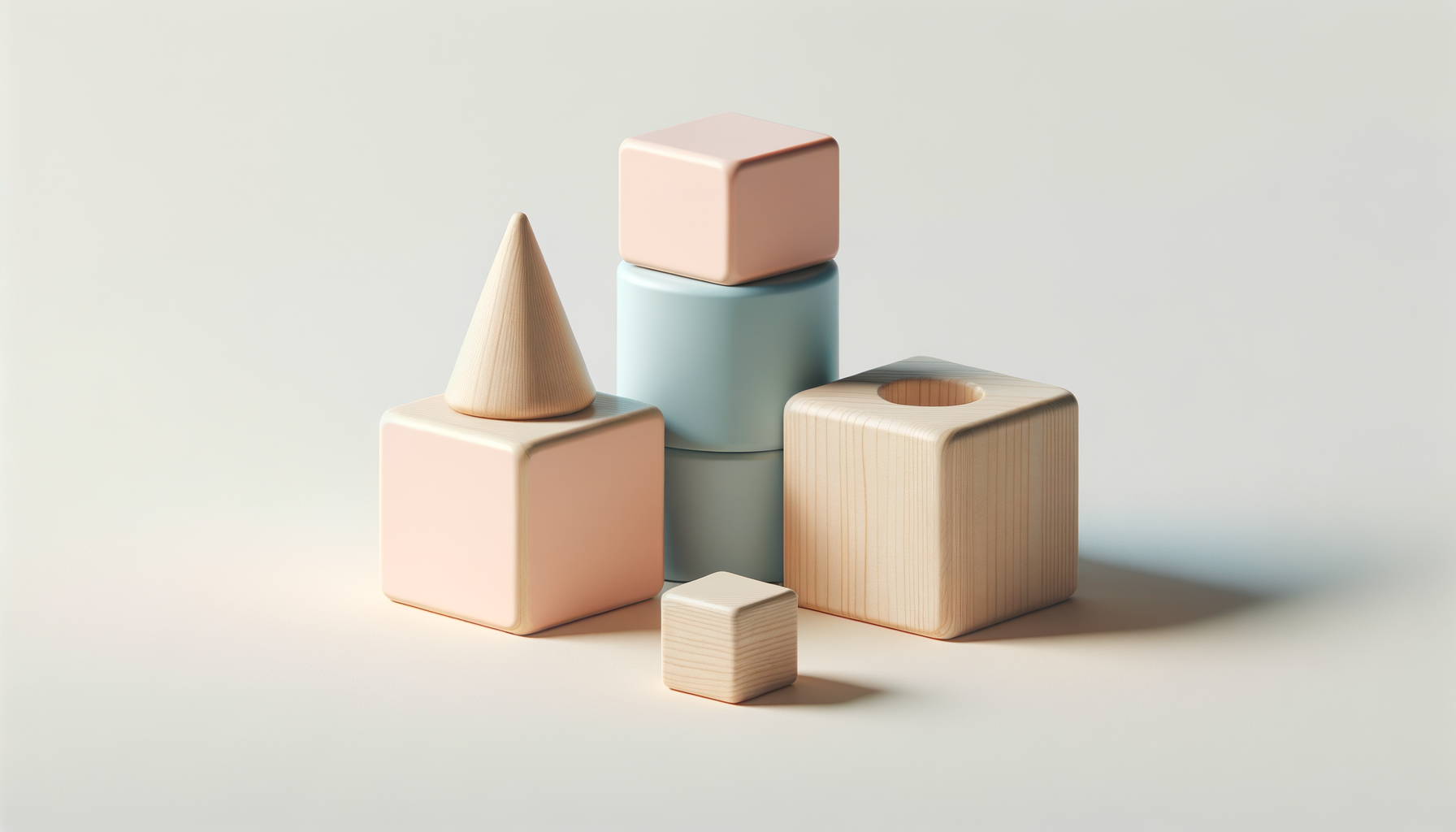 Set of minimalist pastel-colored wooden blocks and cone shaped object arranged on a plain backdrop.