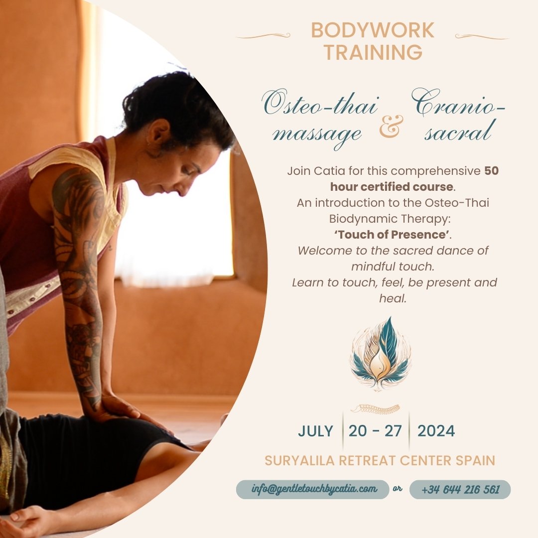 INTRODUCTION TO OSTEO - THAI BIODYNAMIC THERAPY 50HR COURSE 
20TH JULY 17:30 &ndash; 27TH JULY 13:30

Join us for an enriching journey into the world of bodywork! Our course blends Thai Yoga Massage, Osteopathy, Craniosacral Therapy, Chinese Medicine