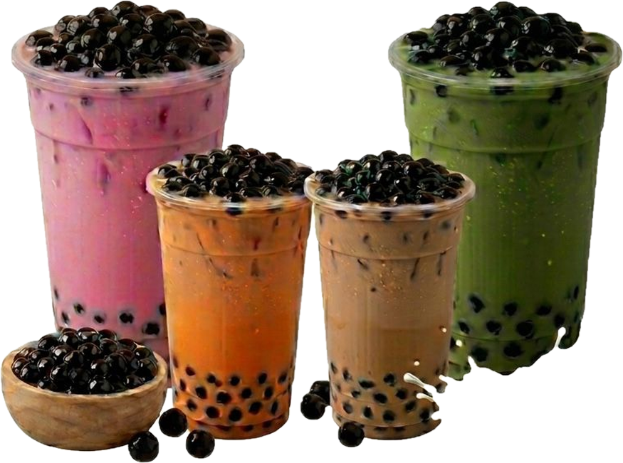 Viisi erilaisia bubble tea -juomaa, väreiltään pinkki, vihreä, oranssi, vaaleanruskea ja tummanruskea, kaikissa on pinnalla mustia tapiokapyökkäröitä.