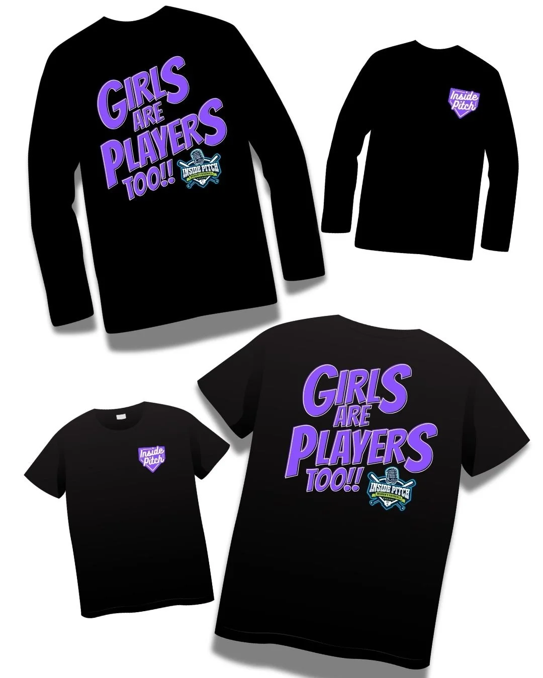Black t-shirts with purple and blue graphics that read "Girls are players too!!" and "Inside Pitch" logo, designed for women's sports team or organization.