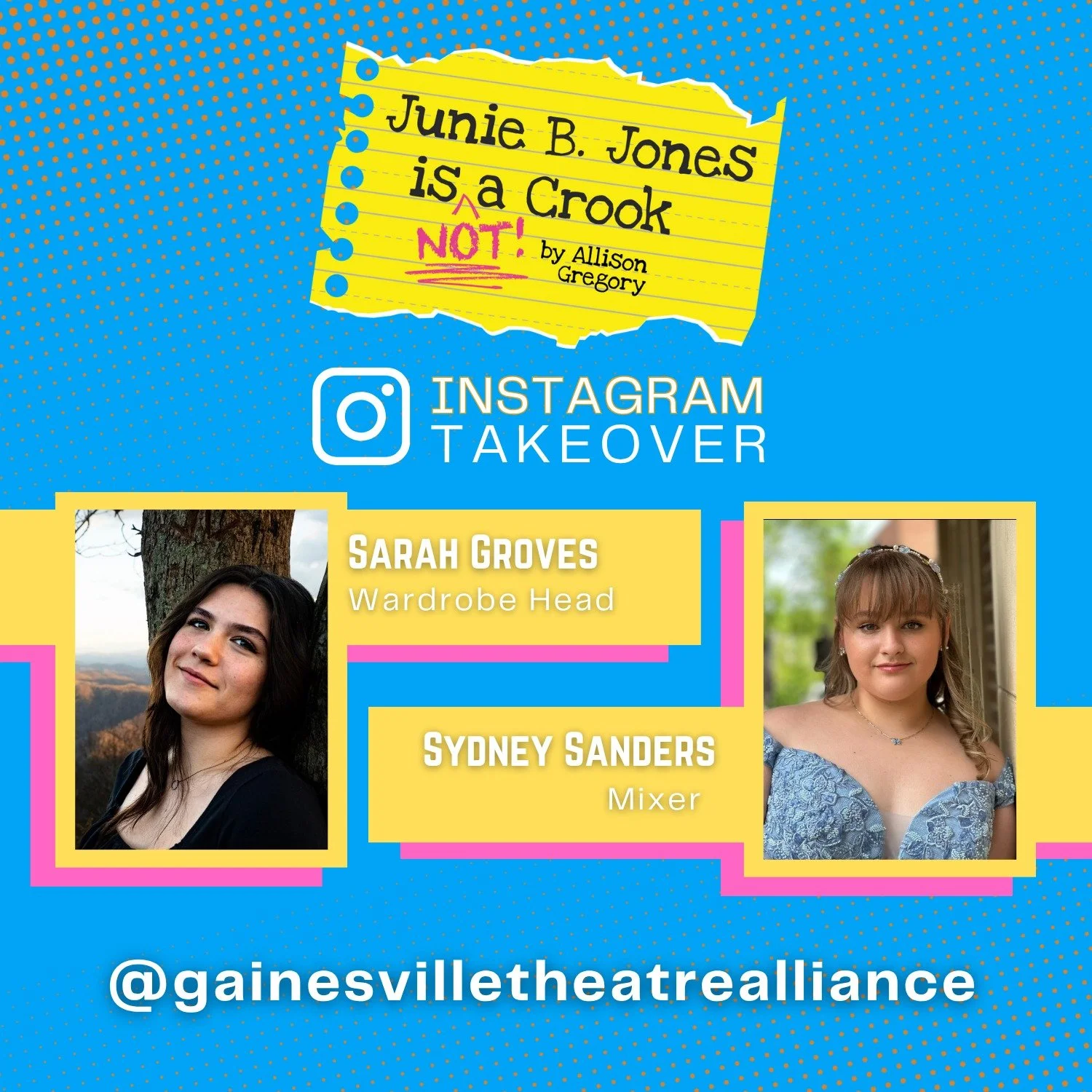 School matinees of JUNIE B. JONES IS NOT A CROOK begin tomorrow! We are welcoming more than 6,000 students from across North Georgia over the course of the run! Sarah Groves (Brenau BA Theatre junior, Wardrobe Crew Head) and Sydney Sanders (UNG BFA T