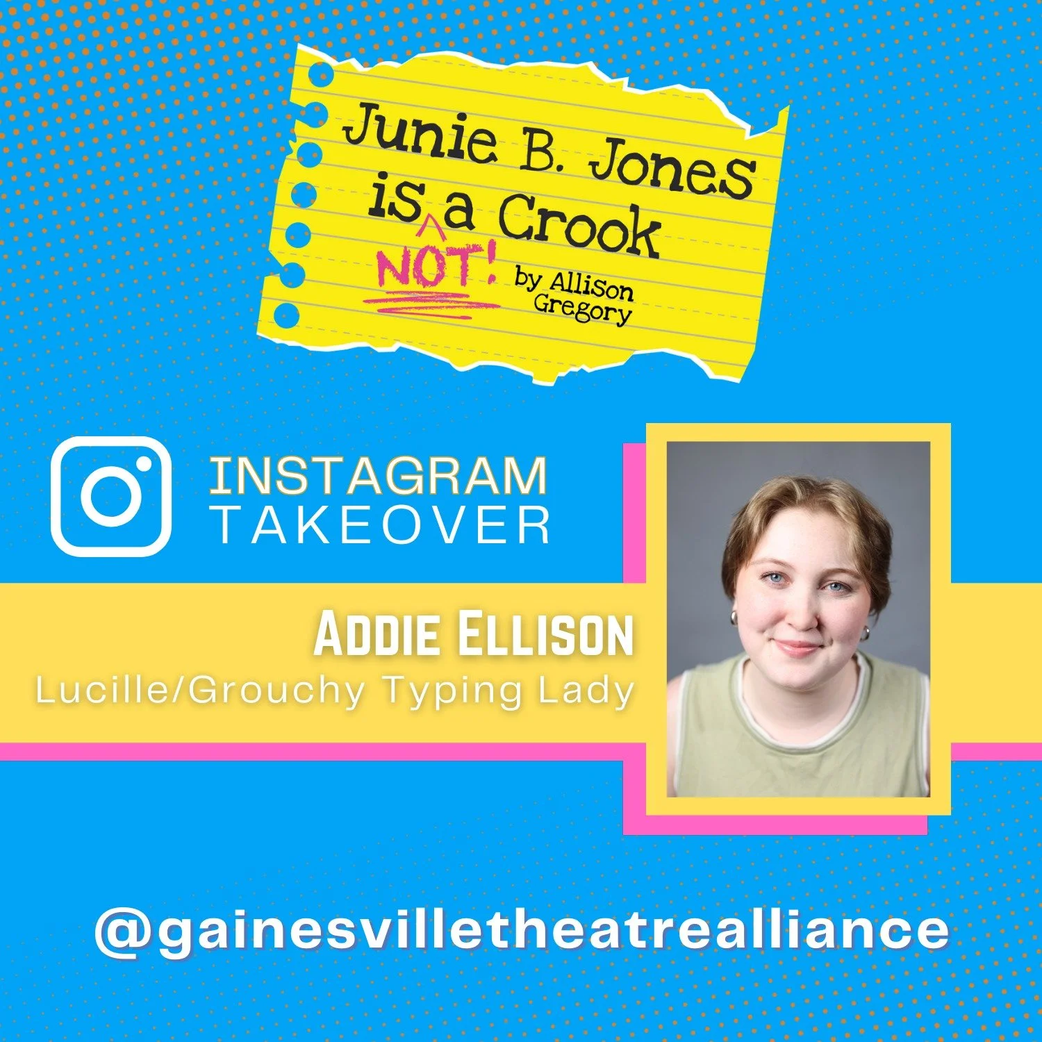 Closing day of JUNIE B. JONES IS A CROOK is here! Tomorrow, Addie Ellison (UNG BFA Theatre Arts major, Lucille/Grouchy Typing Lady/Choir) will share the excitement of the final public performance and the sweet tradition of our Ice Cream Social.
@elli