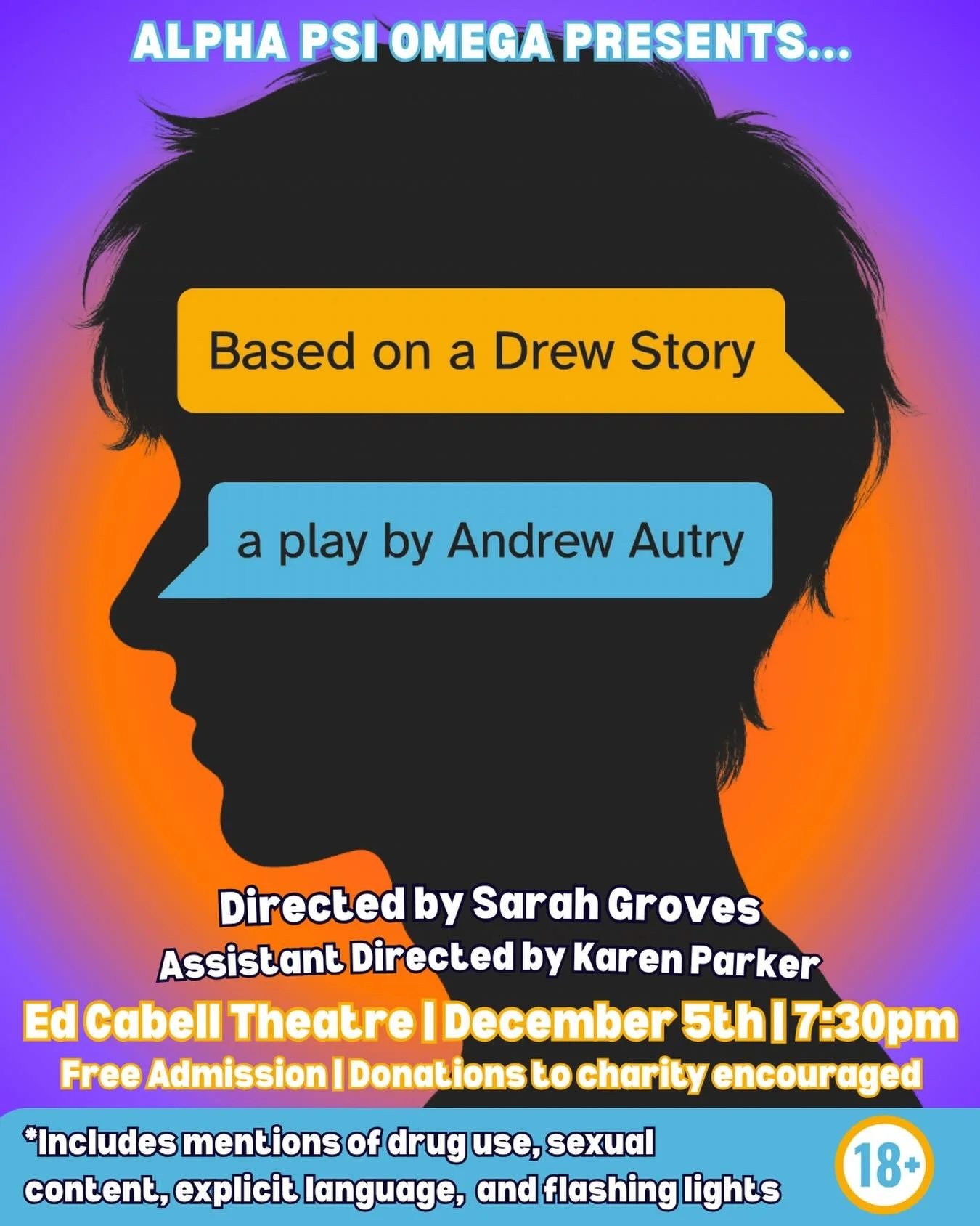 Alpha Psi Omega at the Gainesville Theatre Alliance is debuting an original student produced work this Friday at 7:30pm in the Ed Cabell Theatre, Based on a Drew Story by Andrew Autry. Admission is free, donations to charity are included! This show d