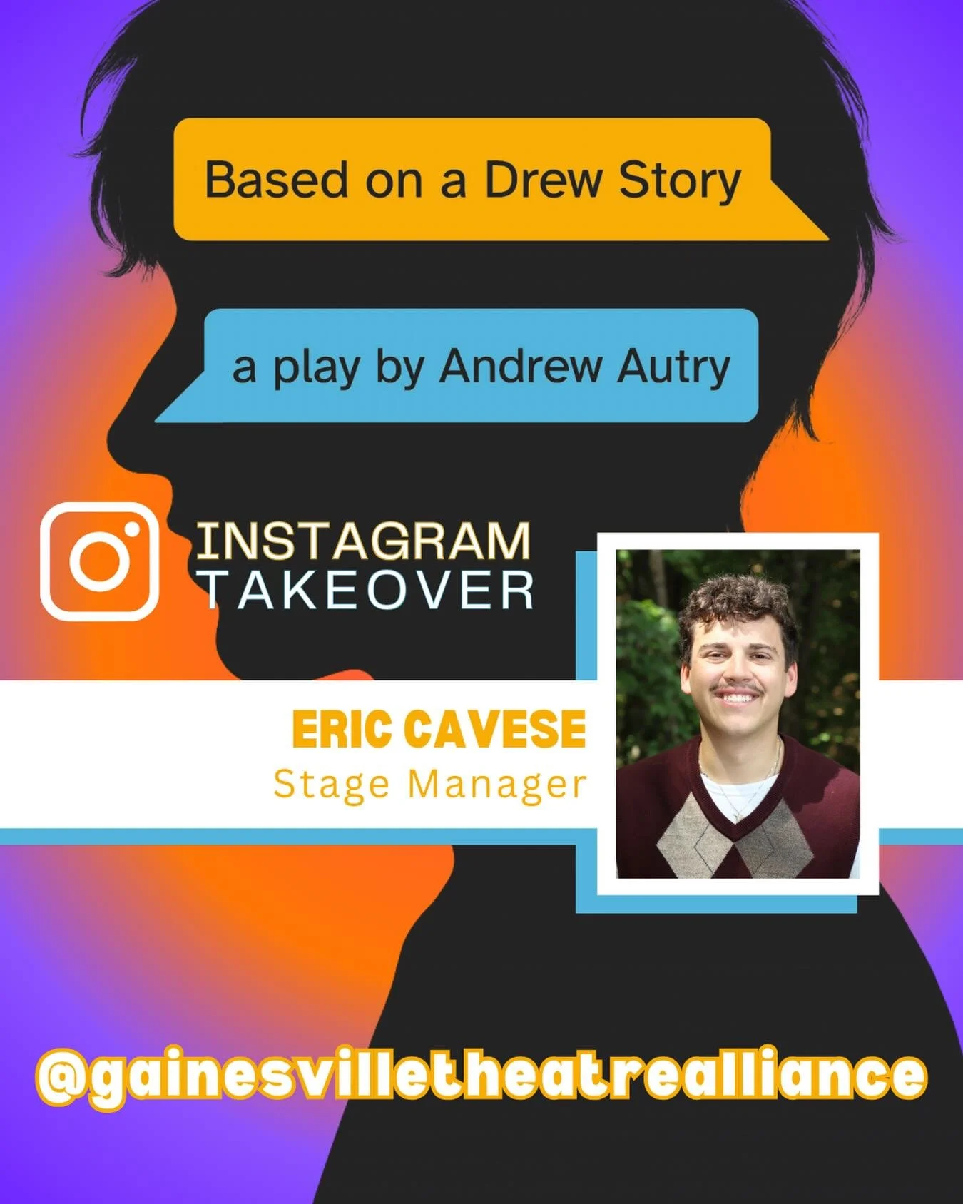 Tune in tomorrow as Eric Cavese, UNG Junior BFA Theatre Arts Major and Stage Manager of APO Student show Based on a Drew Story, takes over our instagram story! 🧡💜

#gainesvilletheatrealliance #apo #alphapsiomega #gta #studentheatre #collegetheatre 