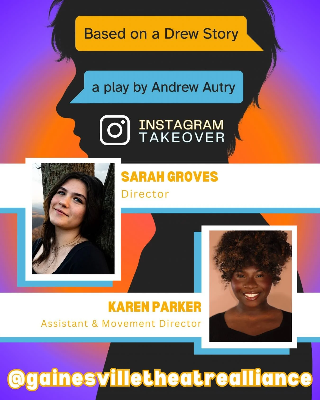 Tune in tomorrow as Sarah Groves and Karen Parker, directors for APO student produced Based on a Drew Story, take over our instagram story tomorrow! 💜🧡

Catch the ONE TIME ONLY PERFORMANCE TOMORROW at 7:30pm in the Ed Cabell Theatre!!

#gainesville