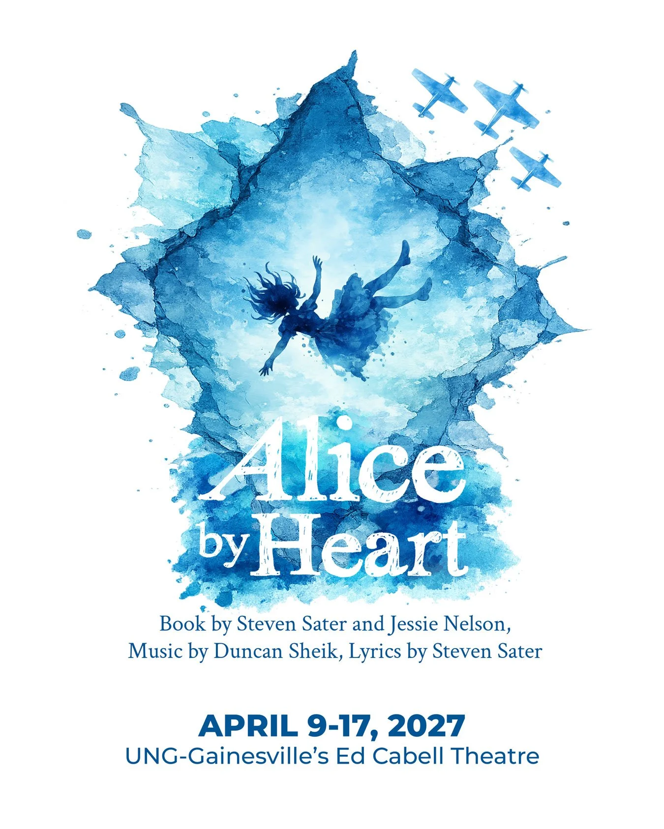 Completing our 2026-27 season:

ALICE BY HEART
April 9-17, 2027
UNG-Gainesville's Ed Cabell Theatre

A young woman escapes wartime London through the surreal world of Wonderland in this poignant musical about love, loss, and the power of imagination.
