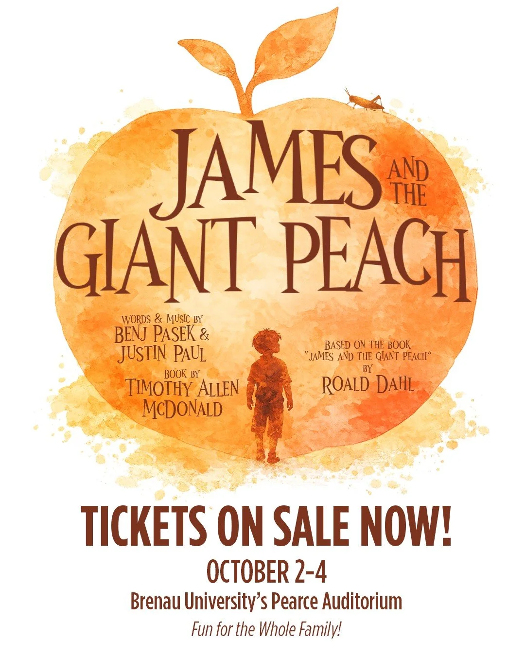 🍑 Tickets are on sale now for JAMES AND THE GIANT PEACH!

Join Gainesville Theatre Alliance Oct. 2-4 at Brenau University's Pearce Auditorium for this imaginative musical based on the Roald Dahl classic.

A young boy escapes his cruel aunts inside a