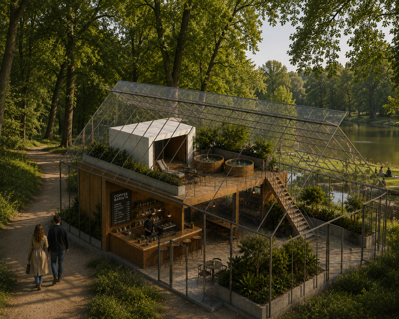 Modern building made from shipping containers with outdoor seating and people gathered outside