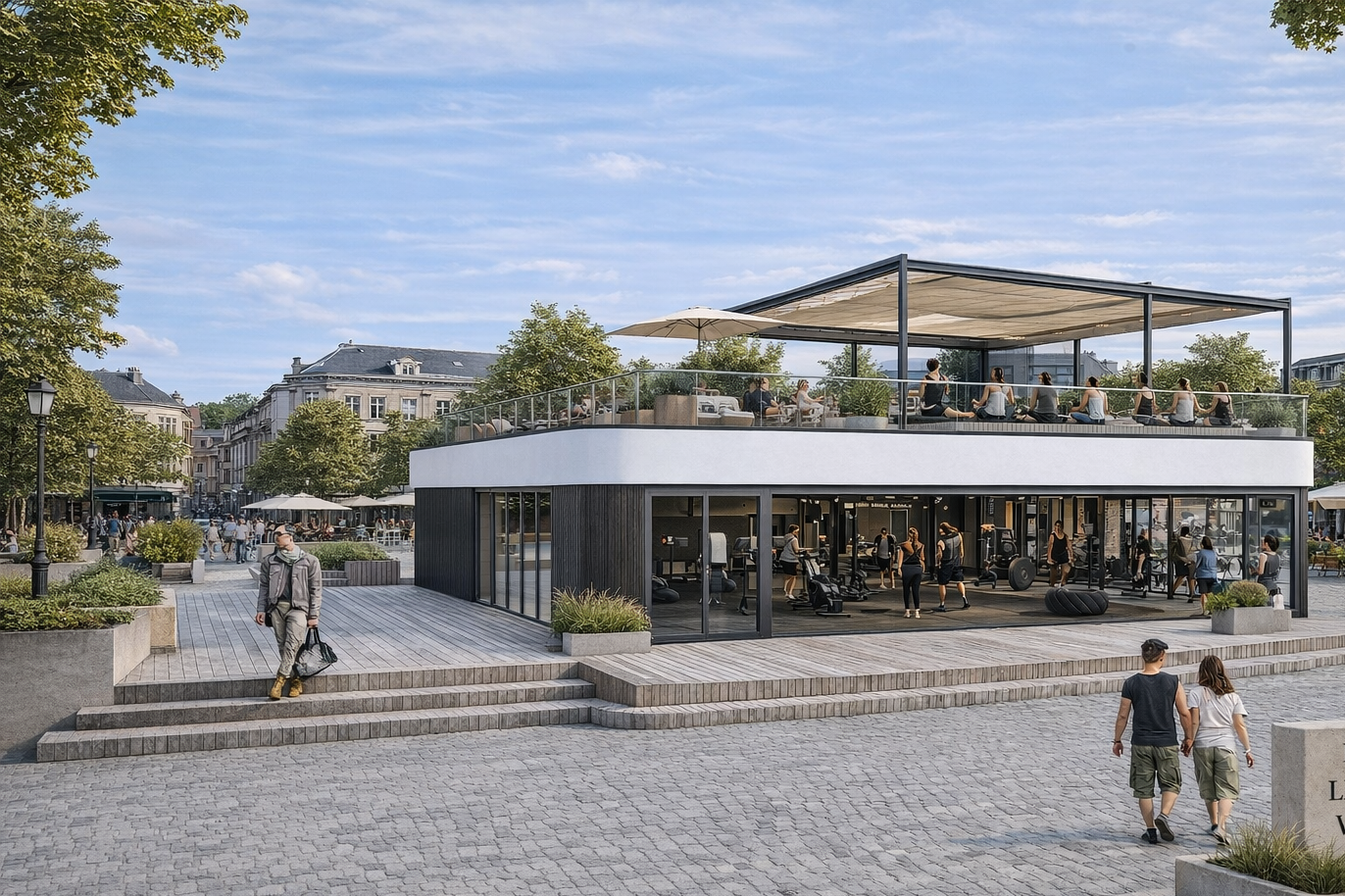 A modern, two-story fitness center with an outdoor rooftop yoga area and an indoor gym, located in an urban park, with people exercising inside, practicing yoga on the rooftop, and walking in the park.