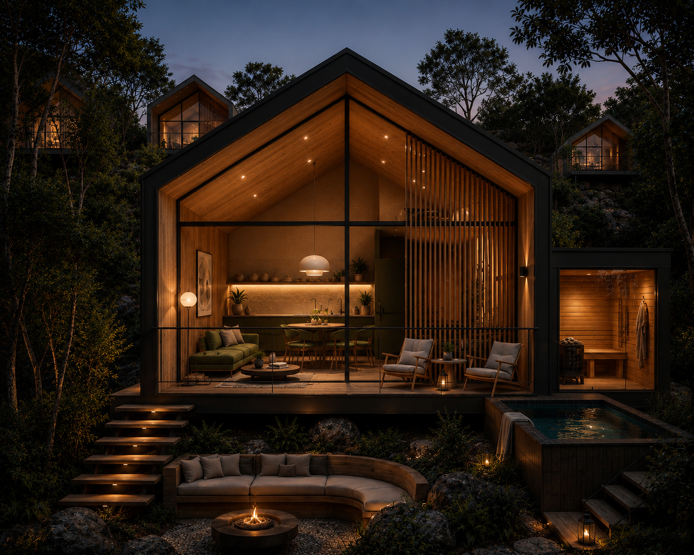 A modern house with glass walls and a decks in a forested area with tall trees, sunlight filtering through the trees, and outdoor furniture on the deck.