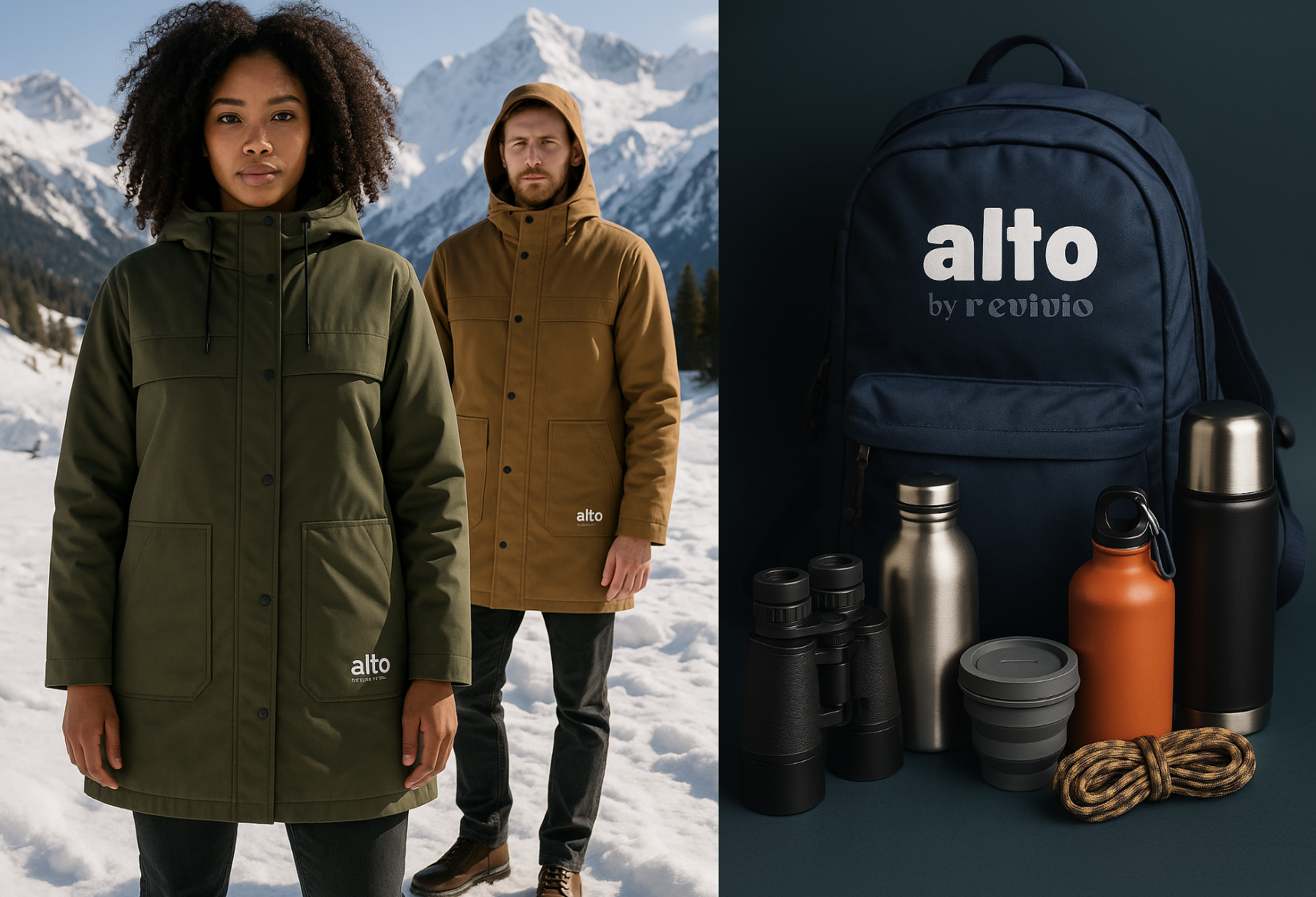 Two people dressed in outdoor winter clothing standing on snowy mountain terrain, with snow-capped mountains in the background. The woman in the foreground wears a green hooded jacket, and the man behind her wears a tan hooded jacket. A navy blue backpack with the text "alto by revvio" is also visible, along with various camping and outdoor gear including bottles, a container, binoculars, a coil of rope, and a small cup.