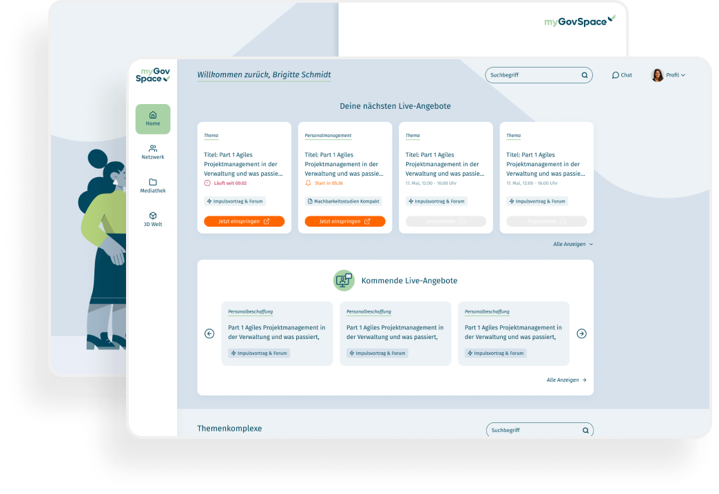 Screenshot eines digitalen Lernportals namens myGovSpace mit einem Begrüßungstext, Navigationsmenü auf der linken Seite und verschiedenen angepinnten und kommenden Live-Angeboten zum Thema Projektmanagement in der Verwaltung.