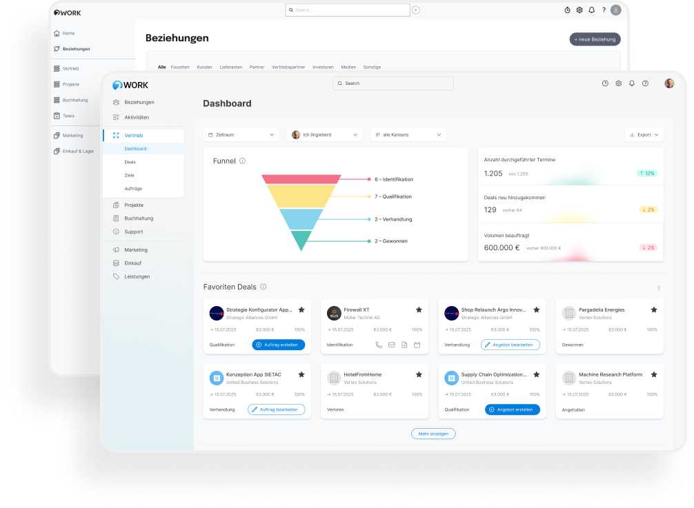 Screenshot eines erweiterten CRM-Dashboards mit Verkaufsfunnel, Deal-Details und Angeboten in einer Desktop-Anwendung.