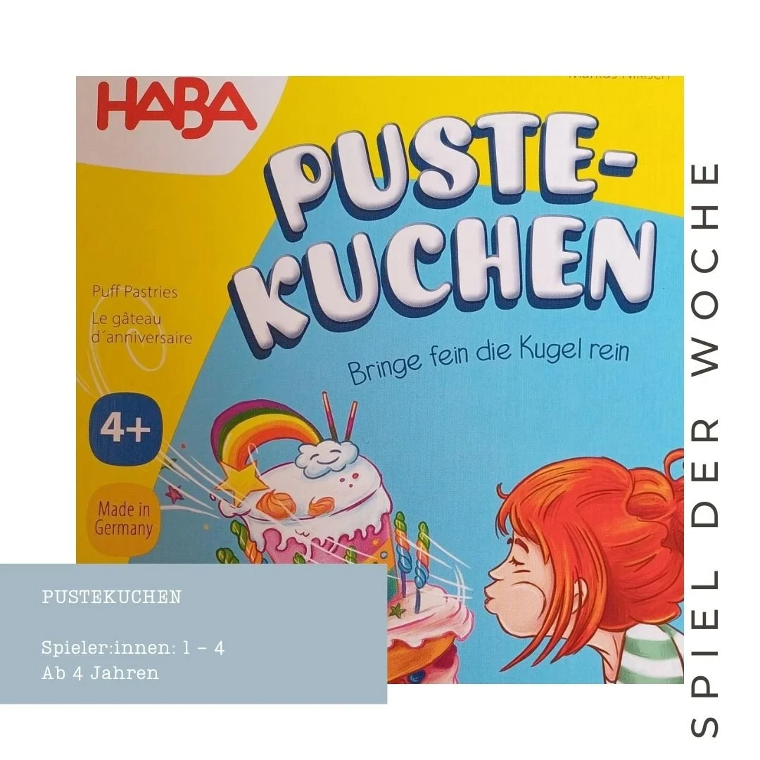 Titel: Puste-Kuchen
Autor: Markus Nikisch
Verlag: HABA
Spieler:innen: 1-4 
Ab 4 Jahre

Wer pustet am besten und gewinnt entsprechend viele Sahneh&auml;ubchen? Versucht die Kork- oder Holzkugel durch geschicktes Pusten in ein Kuchenloch zu pusten und 