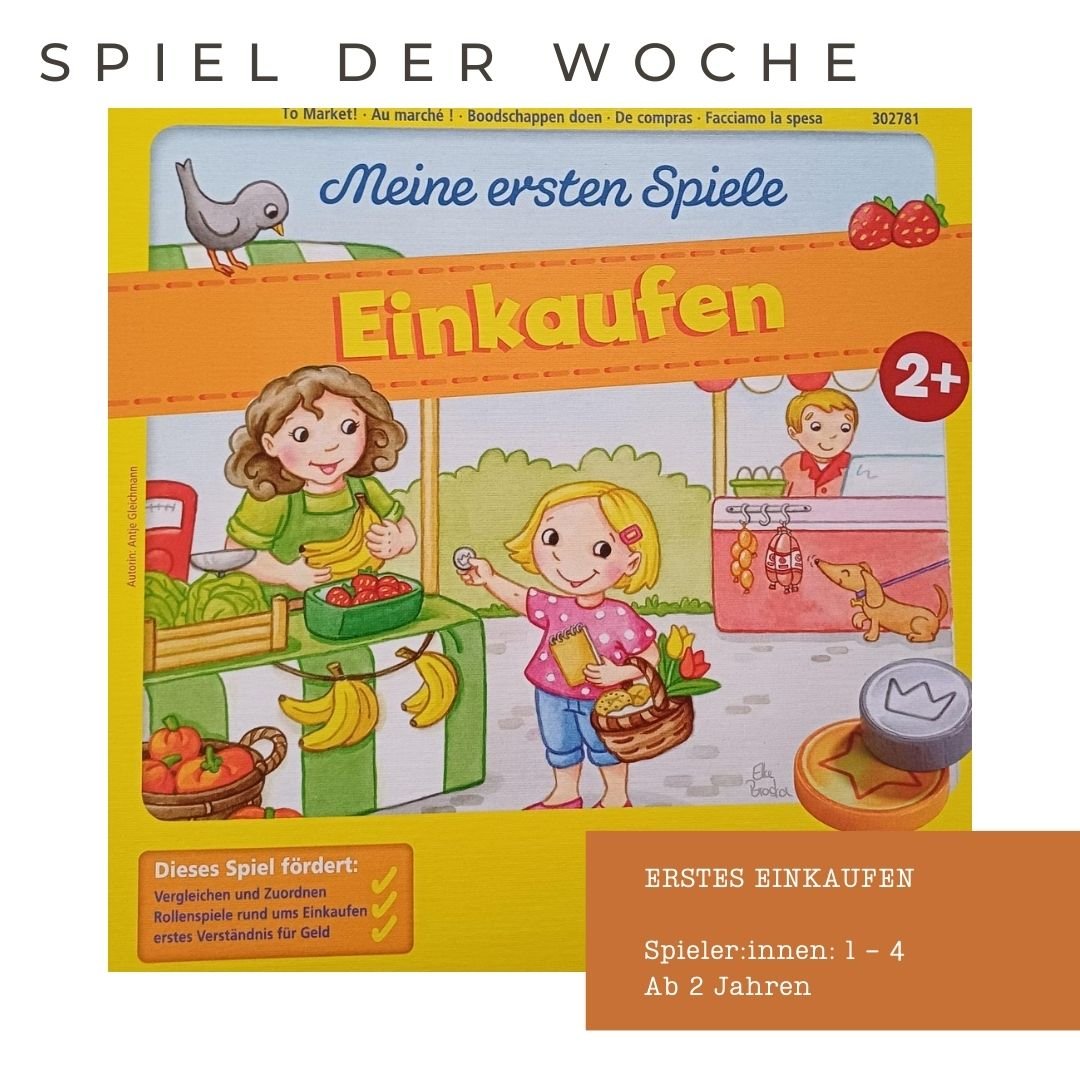 Titel: Erstes Einkaufen
Autorin: Antje Gleichmann
Verlag: HABA
Spieler:innen: 1-4 
Ab 2 Jahre

Mit der Reihe &quot;Meine ersten Spiele&quot; rund ums Thema Einkaufen erlernen bereits die Kleinsten Spieler:innen die Zuordnung von Gegenst&auml;nden auf
