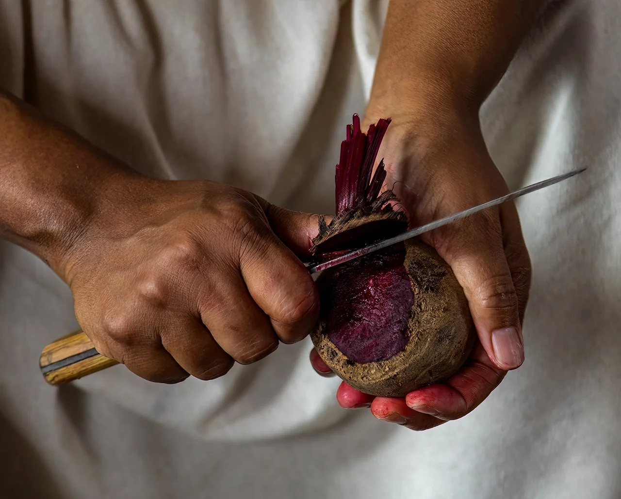 "Practiced Hands" Removing the top of a beet root, the blade is a sharp contrast to the the vulnerable hands that wield it and the soft apron in the background. Photographed by Ken Wilkens at Bulloch Hall, Roswell, GA. March 2023.